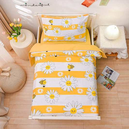 4 Pieces Ultra Soft Toddler Bedding Set, Colorful Bees and Flower Pattern Stripe Comforter Sets for Baby Girls Boys, Yellow