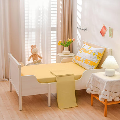 4 Pieces Ultra Soft Toddler Bedding Set, Colorful Bees and Flower Pattern Stripe Comforter Sets for Baby Girls Boys, Yellow