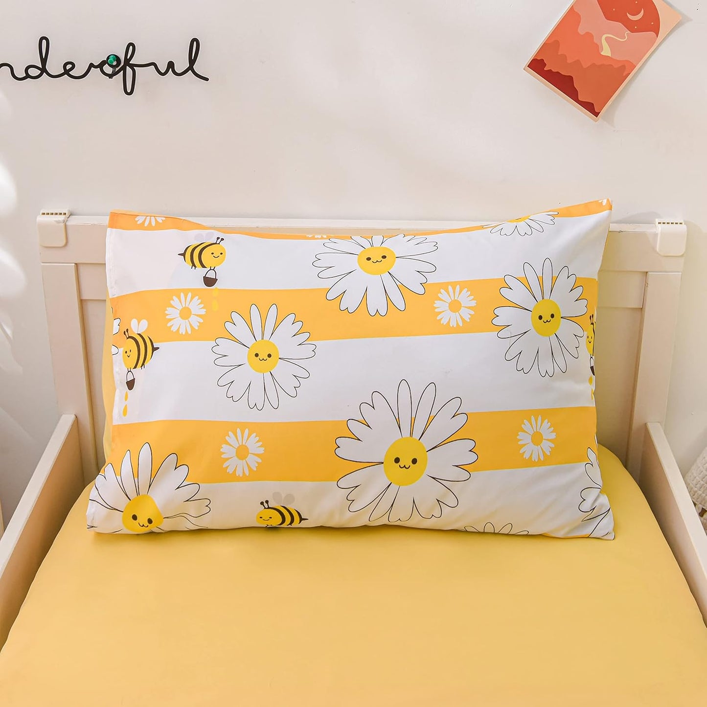 4 Pieces Ultra Soft Toddler Bedding Set, Colorful Bees and Flower Pattern Stripe Comforter Sets for Baby Girls Boys, Yellow