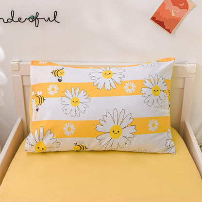 4 Pieces Ultra Soft Toddler Bedding Set, Colorful Bees and Flower Pattern Stripe Comforter Sets for Baby Girls Boys, Yellow
