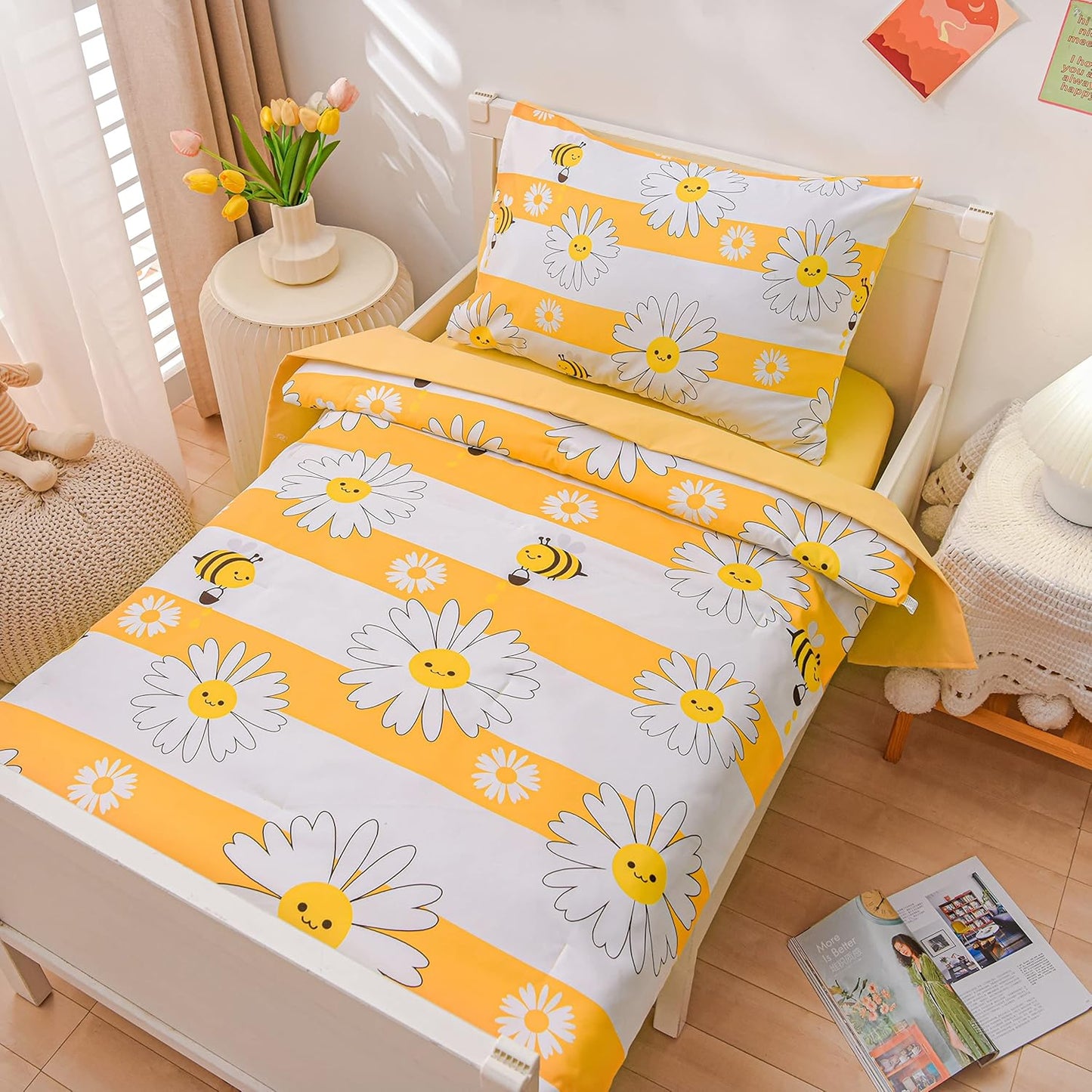 4 Pieces Ultra Soft Toddler Bedding Set, Colorful Bees and Flower Pattern Stripe Comforter Sets for Baby Girls Boys, Yellow