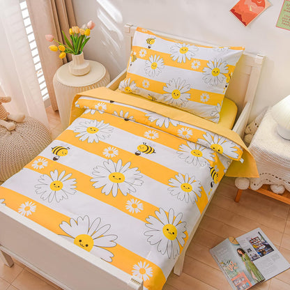 4 Pieces Ultra Soft Toddler Bedding Set, Colorful Bees and Flower Pattern Stripe Comforter Sets for Baby Girls Boys, Yellow