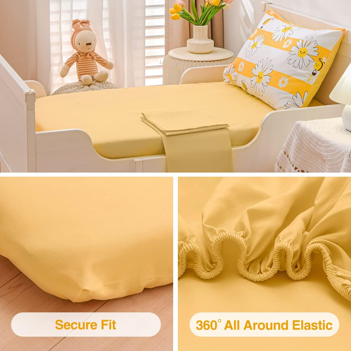4 Pieces Ultra Soft Toddler Bedding Set, Colorful Bees and Flower Pattern Stripe Comforter Sets for Baby Girls Boys, Yellow