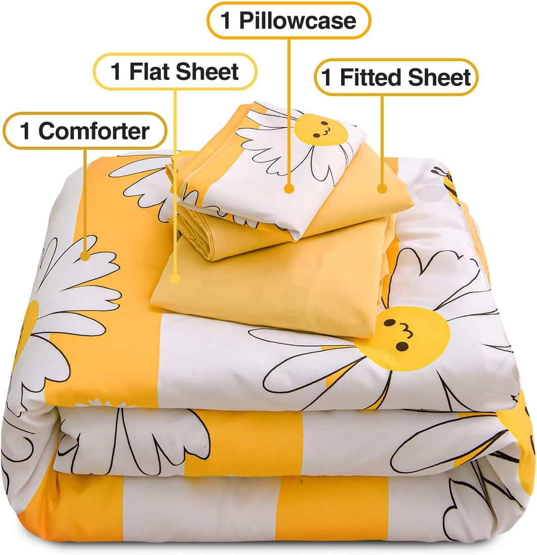 4 Pieces Ultra Soft Toddler Bedding Set, Colorful Bees and Flower Pattern Stripe Comforter Sets for Baby Girls Boys, Yellow