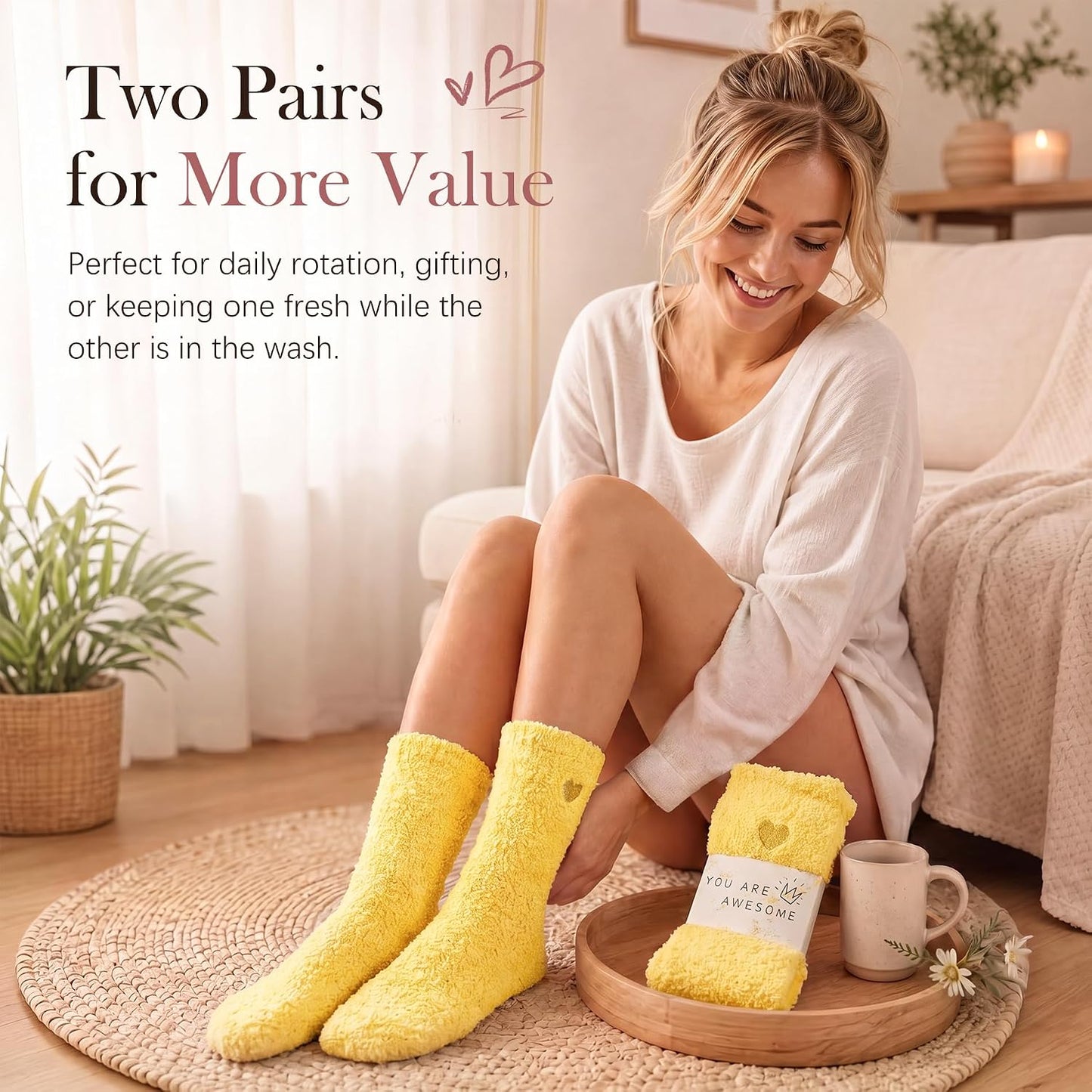 2 Pairs Cozy Fuzzy Socks for Women Cloud Socks | Gift Box Set with Ultra-Soft Sleep Socks, Care Package, Spa Gifts and Birthday Gifts for Women