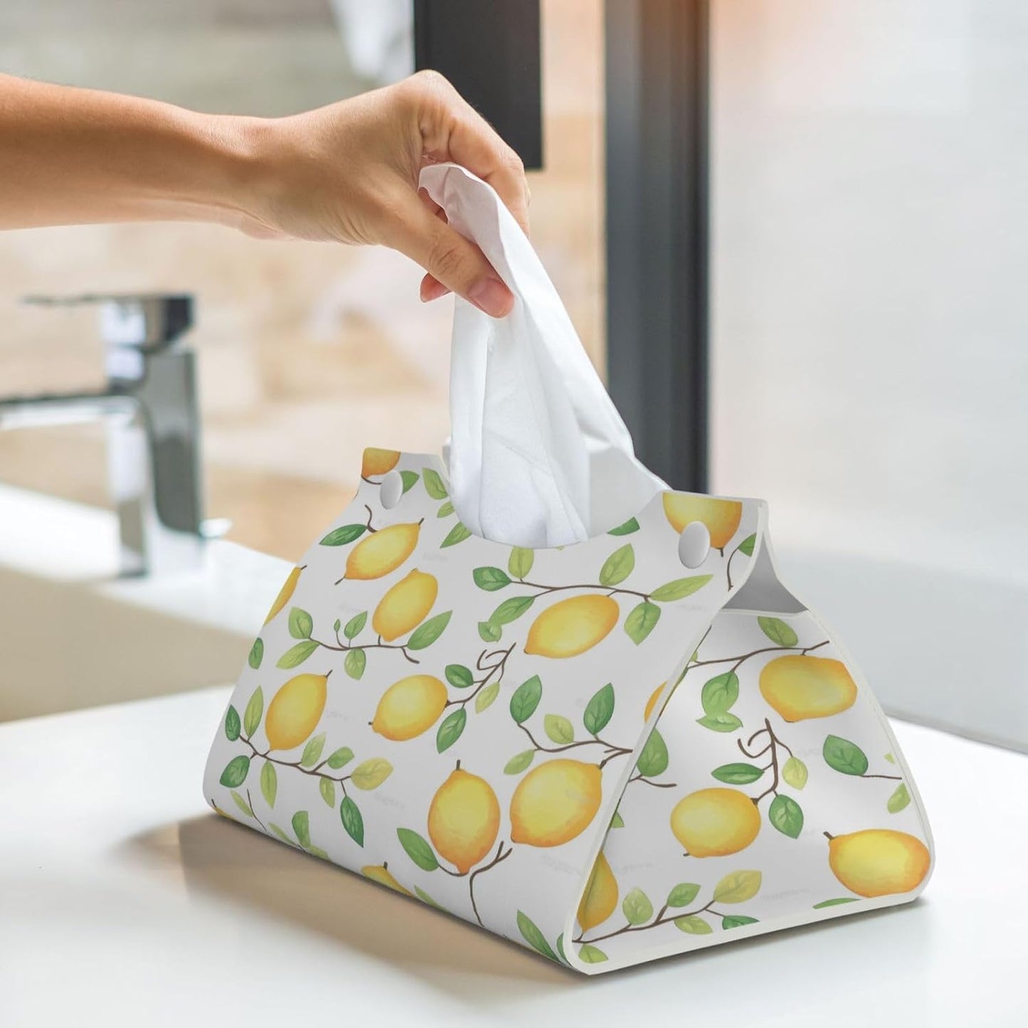 Yellow Summer Lemon Rectangle Tissue Box Cover PVC Faux Leather Tissue Boxes Holder Lightweight Tissue Box Cube for Bathroom Home Car Office