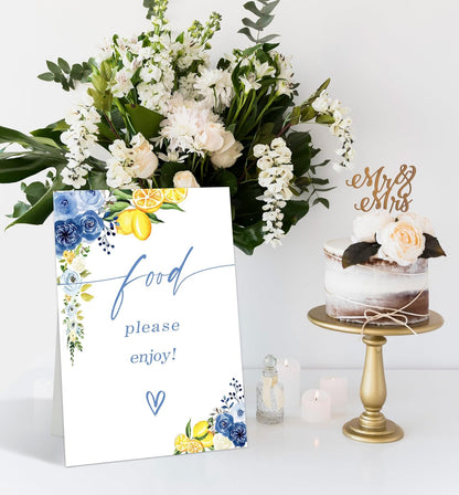 Lemon Food Please Enjoy Sign, Blue Floral Food Signs for Party, Wedding Signs for Ceremony and Reception, Flower Wedding Signage with Stand, Bridal Shower Table Centerpieces, Engagement Reception, 20