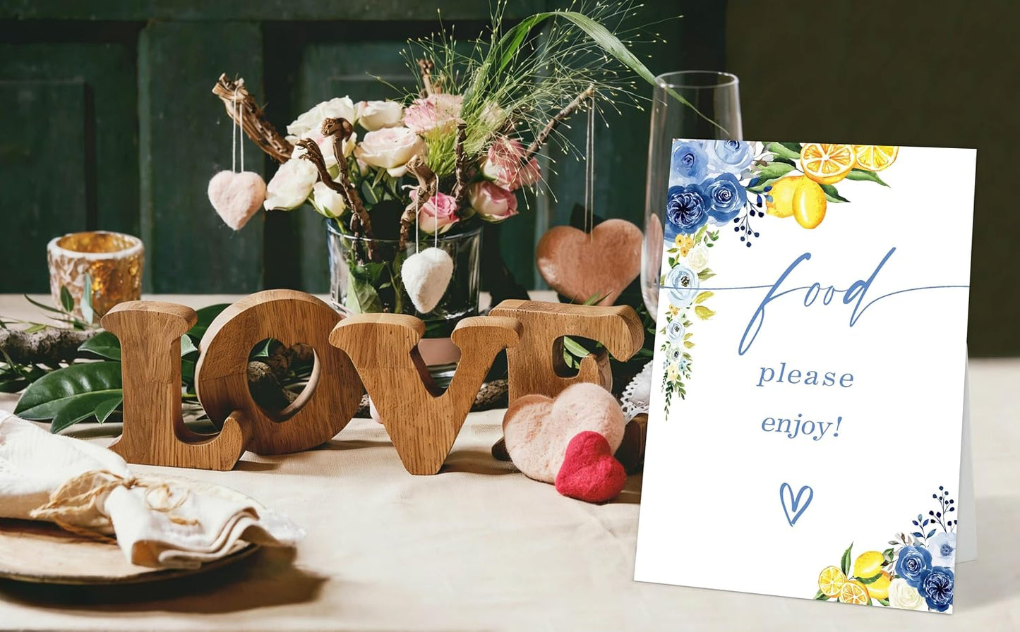 Lemon Food Please Enjoy Sign, Blue Floral Food Signs for Party, Wedding Signs for Ceremony and Reception, Flower Wedding Signage with Stand, Bridal Shower Table Centerpieces, Engagement Reception, 20