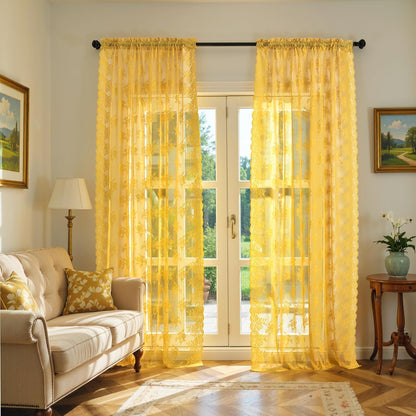 Kotile 72 Inch Gold Lace Curtains 2 Panels, Country Rustic Retro Mustard Yellow Sheer Lace Curtains 72 Inches Long for Living Room, Rod Pocket Light Filtering Privacy Window Curtain Drapes, 52 x 72 In