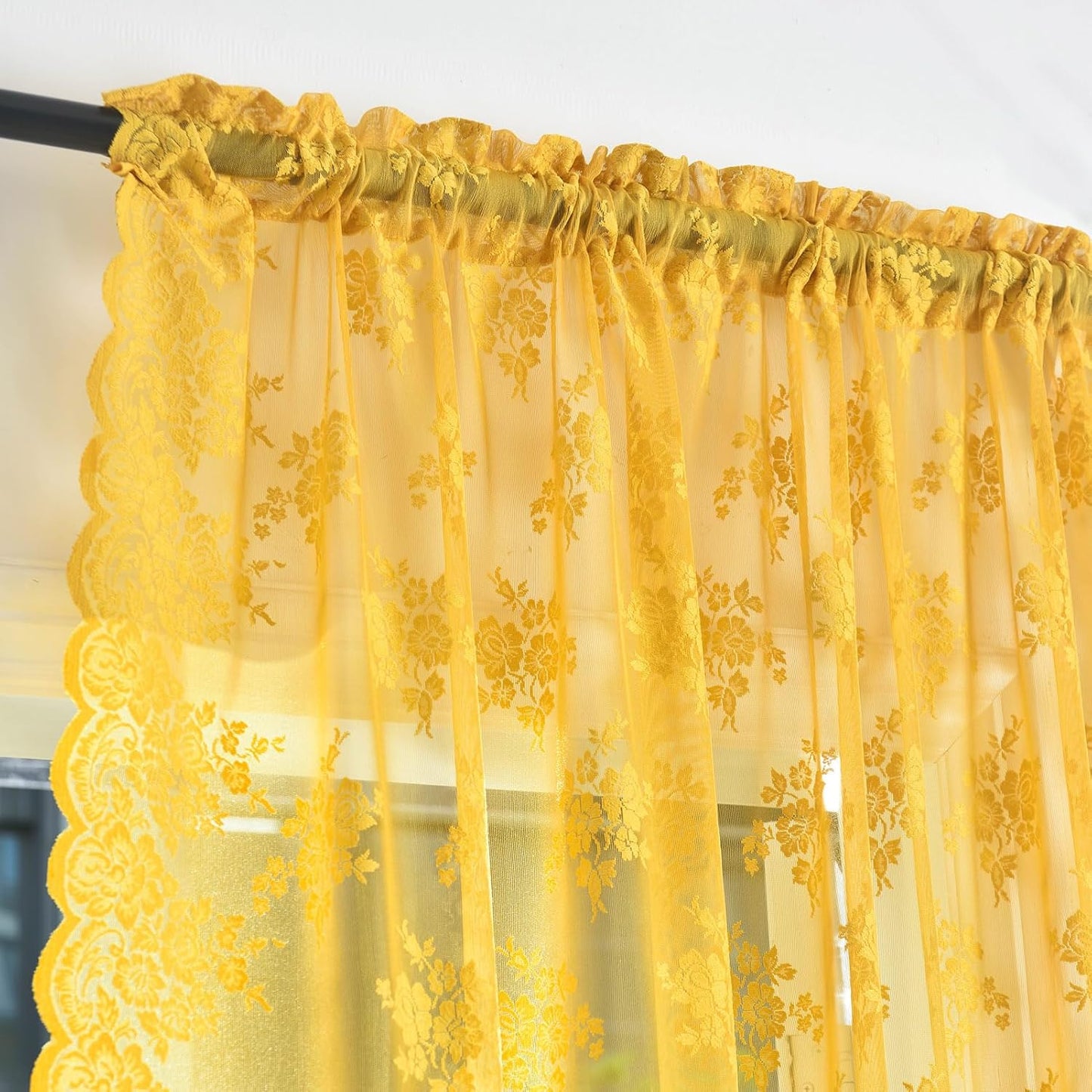 Kotile 72 Inch Gold Lace Curtains 2 Panels, Country Rustic Retro Mustard Yellow Sheer Lace Curtains 72 Inches Long for Living Room, Rod Pocket Light Filtering Privacy Window Curtain Drapes, 52 x 72 In