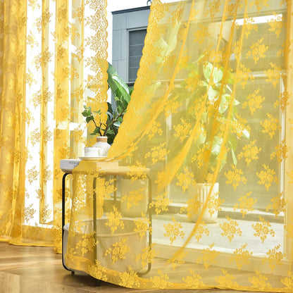 Kotile 72 Inch Gold Lace Curtains 2 Panels, Country Rustic Retro Mustard Yellow Sheer Lace Curtains 72 Inches Long for Living Room, Rod Pocket Light Filtering Privacy Window Curtain Drapes, 52 x 72 In
