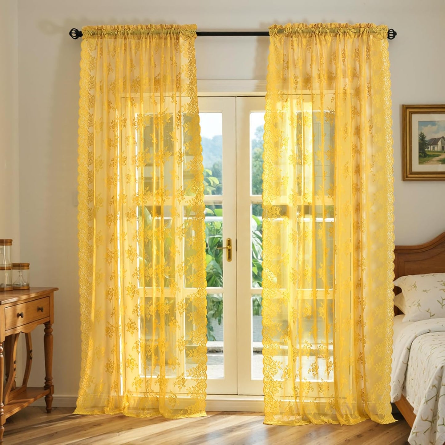 Kotile 72 Inch Gold Lace Curtains 2 Panels, Country Rustic Retro Mustard Yellow Sheer Lace Curtains 72 Inches Long for Living Room, Rod Pocket Light Filtering Privacy Window Curtain Drapes, 52 x 72 In