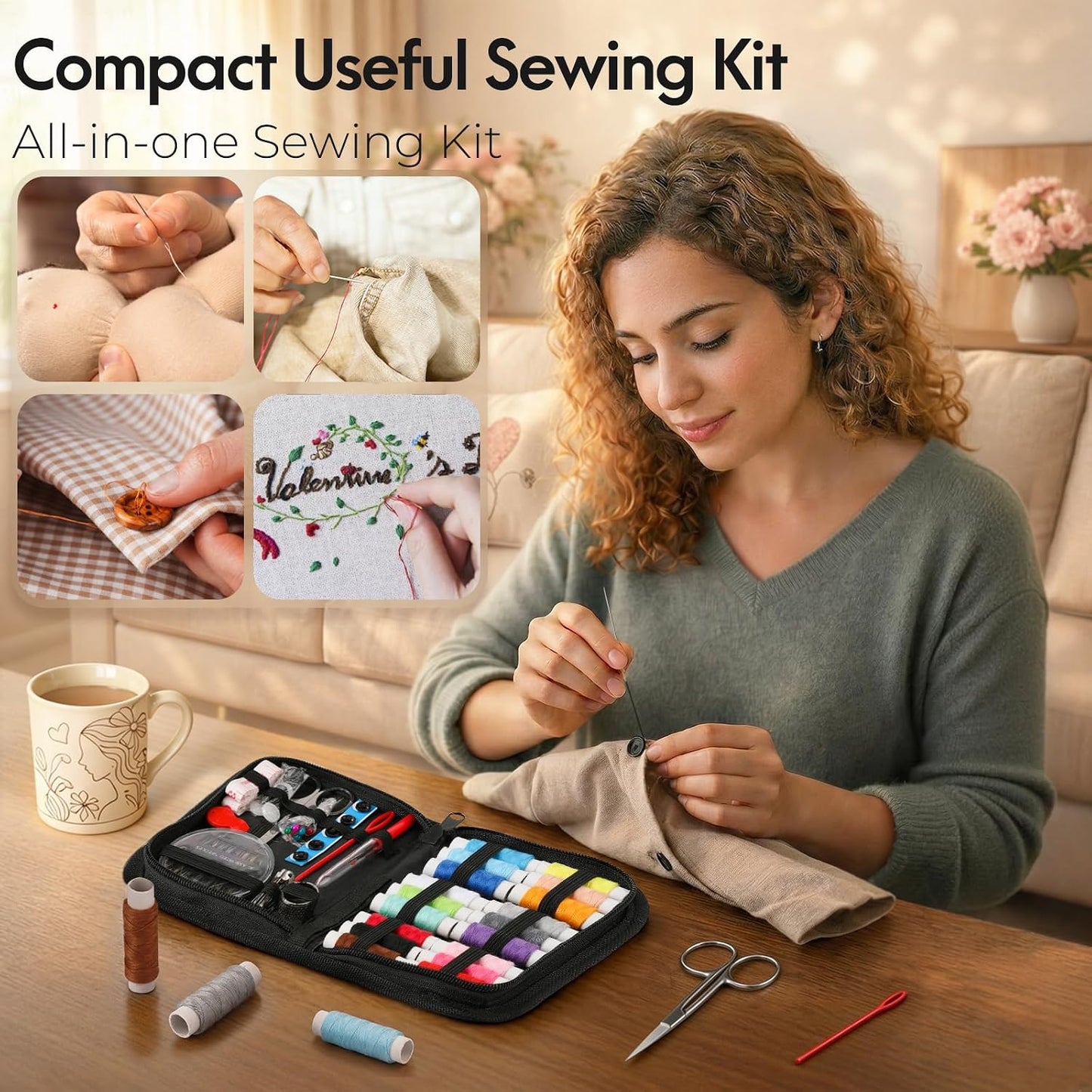 Sewing Kit for Adults, Christmas Stocking Stuffers for Teen Girls | Gifts for Mom, Dorm Room Essentials, Sewing Supplies, Needle and Thread Kit, Portable for Travel, Emergency, Beginner (Black)