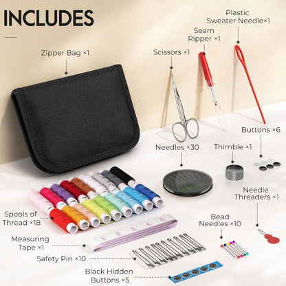 Sewing Kit for Adults, Christmas Stocking Stuffers for Teen Girls | Gifts for Mom, Dorm Room Essentials, Sewing Supplies, Needle and Thread Kit, Portable for Travel, Emergency, Beginner (Black)