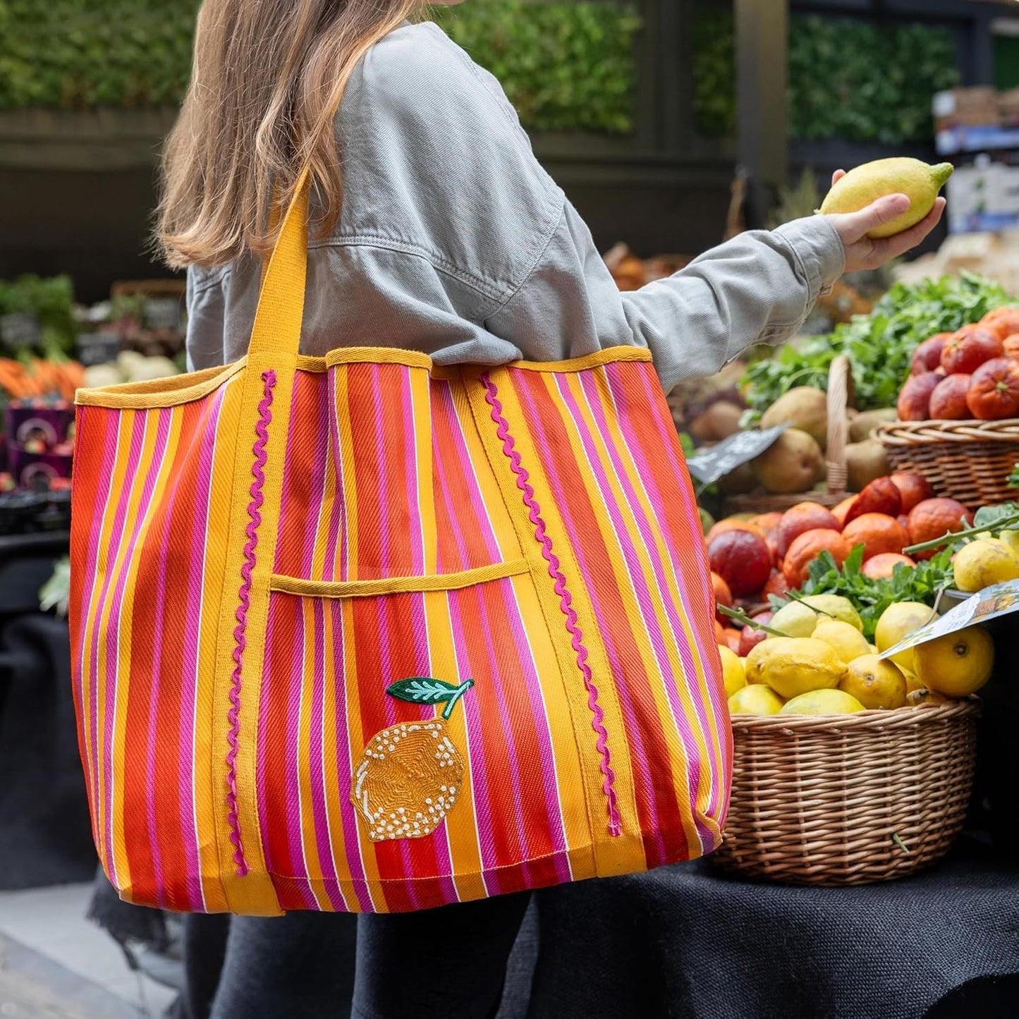 Large Lemon Tote Bag – Reusable Women’s Shoulder Bag for Grocery Shopping Tote Bag, Beach, Gym & Travel – Made from 100% Recycled Plastic – 18.3 x 15.3 in