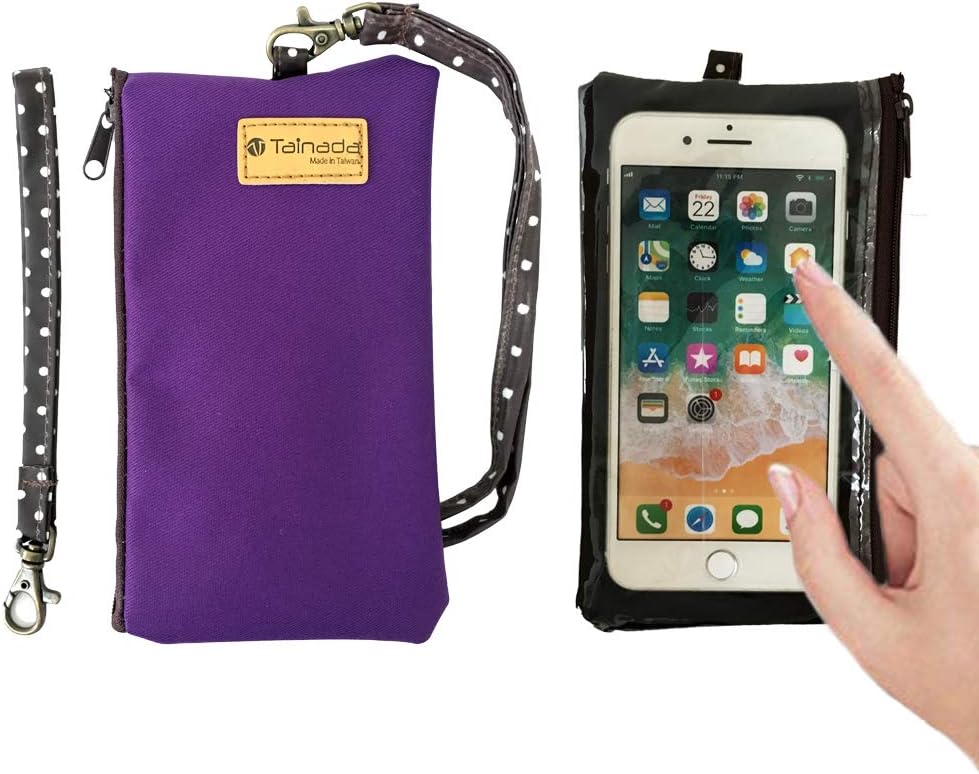Neck Phone Zipper Pouch w/ Clear Touchscreen Window, Wrist Strap (Purple) | small water-resistant, lightweight, two zip holder case bag for walking, hiking & shopping; Fits most of cell phones
