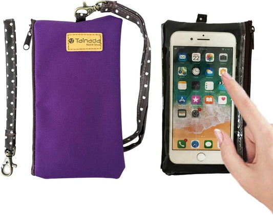 Neck Phone Zipper Pouch w/ Clear Touchscreen Window, Wrist Strap (Purple) | small water-resistant, lightweight, two zip holder case bag for walking, hiking & shopping; Fits most of cell phones