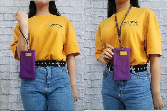 Neck Phone Zipper Pouch w/ Clear Touchscreen Window, Wrist Strap (Purple) | small water-resistant, lightweight, two zip holder case bag for walking, hiking & shopping; Fits most of cell phones
