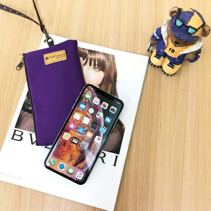 Neck Phone Zipper Pouch w/ Clear Touchscreen Window, Wrist Strap (Purple) | small water-resistant, lightweight, two zip holder case bag for walking, hiking & shopping; Fits most of cell phones