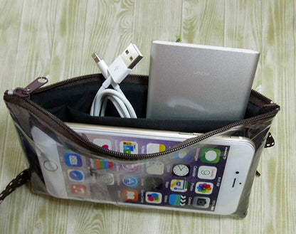 Neck Phone Zipper Pouch w/ Clear Touchscreen Window, Wrist Strap (Purple) | small water-resistant, lightweight, two zip holder case bag for walking, hiking & shopping; Fits most of cell phones