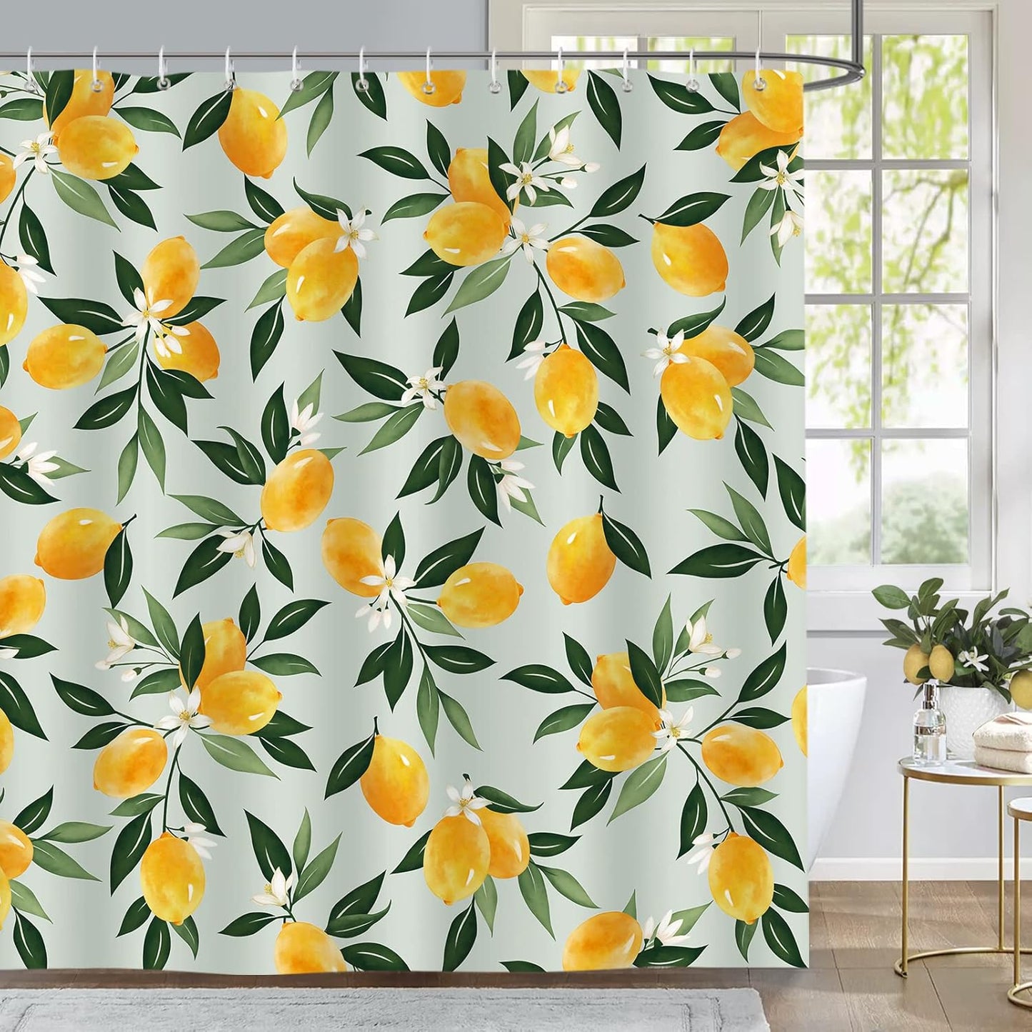 Lemon Shower Curtain, Allover Fruit Green Leaves Bathroom Curtain 72x72 Inch Polyester Fabric Waterproof Bath Curtain with 12 Hooks