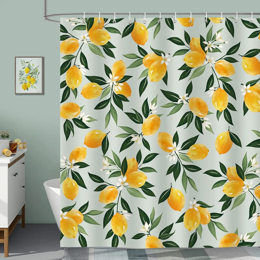 Lemon Shower Curtain, Allover Fruit Green Leaves Bathroom Curtain 72x72 Inch Polyester Fabric Waterproof Bath Curtain with 12 Hooks