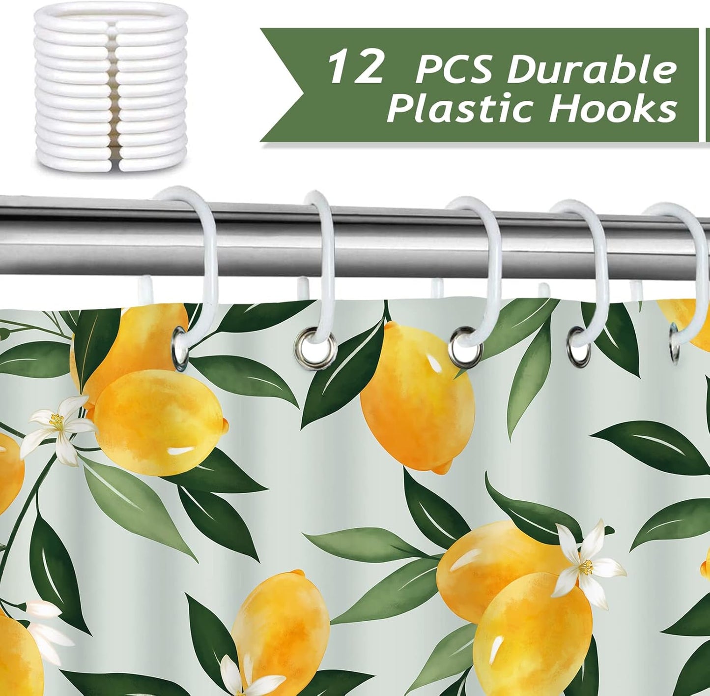 Lemon Shower Curtain, Allover Fruit Green Leaves Bathroom Curtain 72x72 Inch Polyester Fabric Waterproof Bath Curtain with 12 Hooks