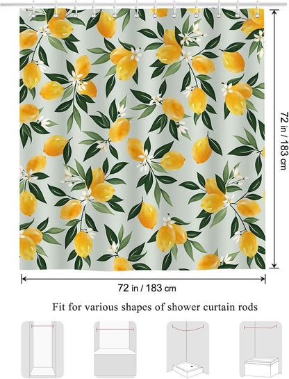 Lemon Shower Curtain, Allover Fruit Green Leaves Bathroom Curtain 72x72 Inch Polyester Fabric Waterproof Bath Curtain with 12 Hooks