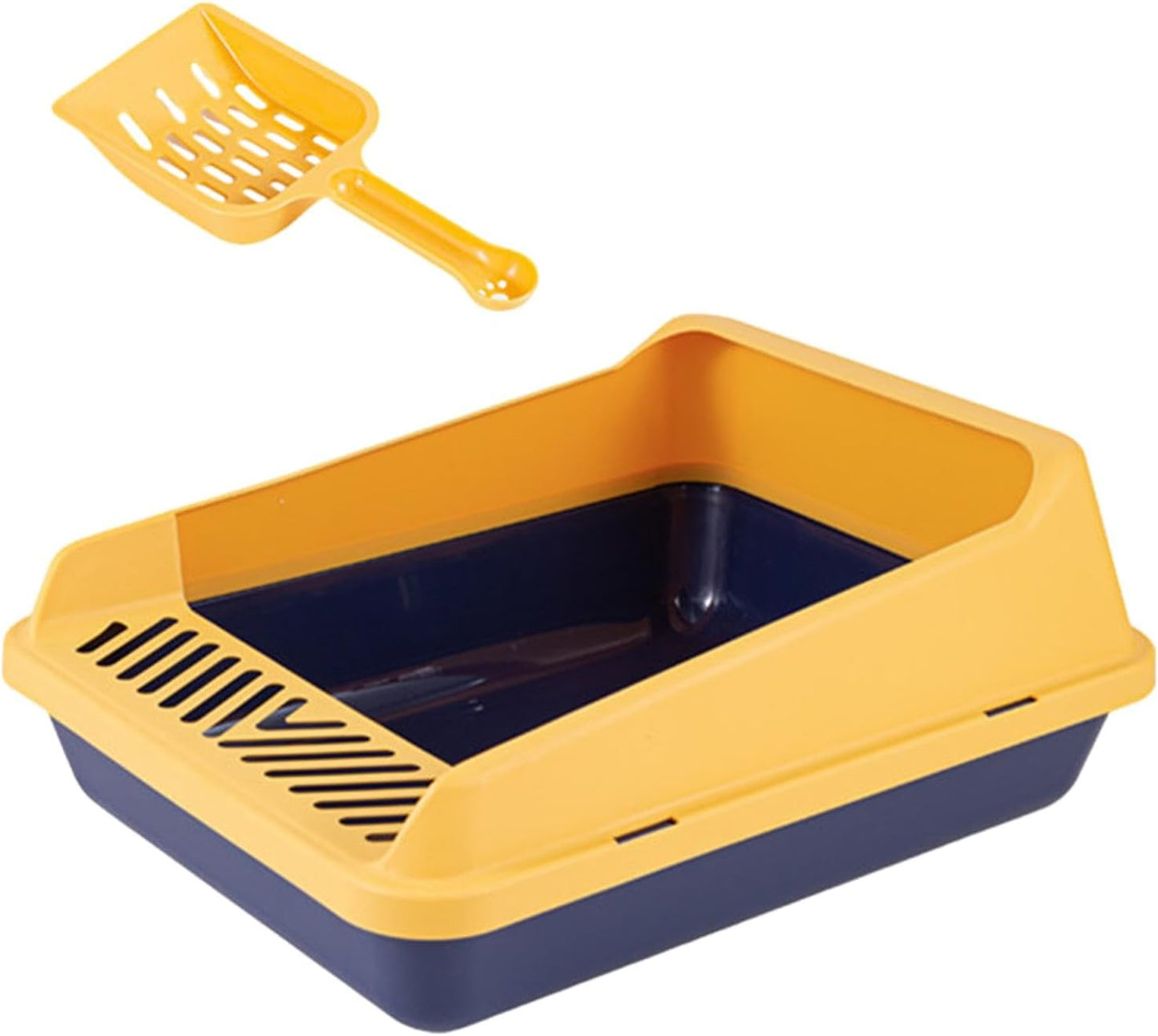 Cat Litter Tray Open Top Cat Box with High Side Pet Bedpan Tray with Frame Litter Pan Scooper Entry Suitable for Home Indoor Kittens, L Blue Yellow