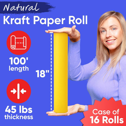 18" x 1200" (100 ft) Yellow Kraft Paper (Case of 16 Rolls), 45 lbs Thickness, Made in USA Kraft Paper for School, Art Colored Paper, Gift Wrapping Paper, Packing Paper for Moving