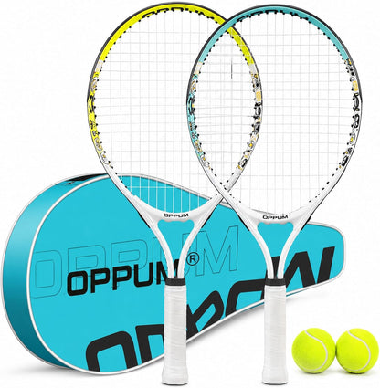 2-Pack Kids Tennis Racket Set, Junior Racquets with Bag and Balls | Aluminum alloy set with 2 pre-strung racquets, 2 balls and shoulder bag