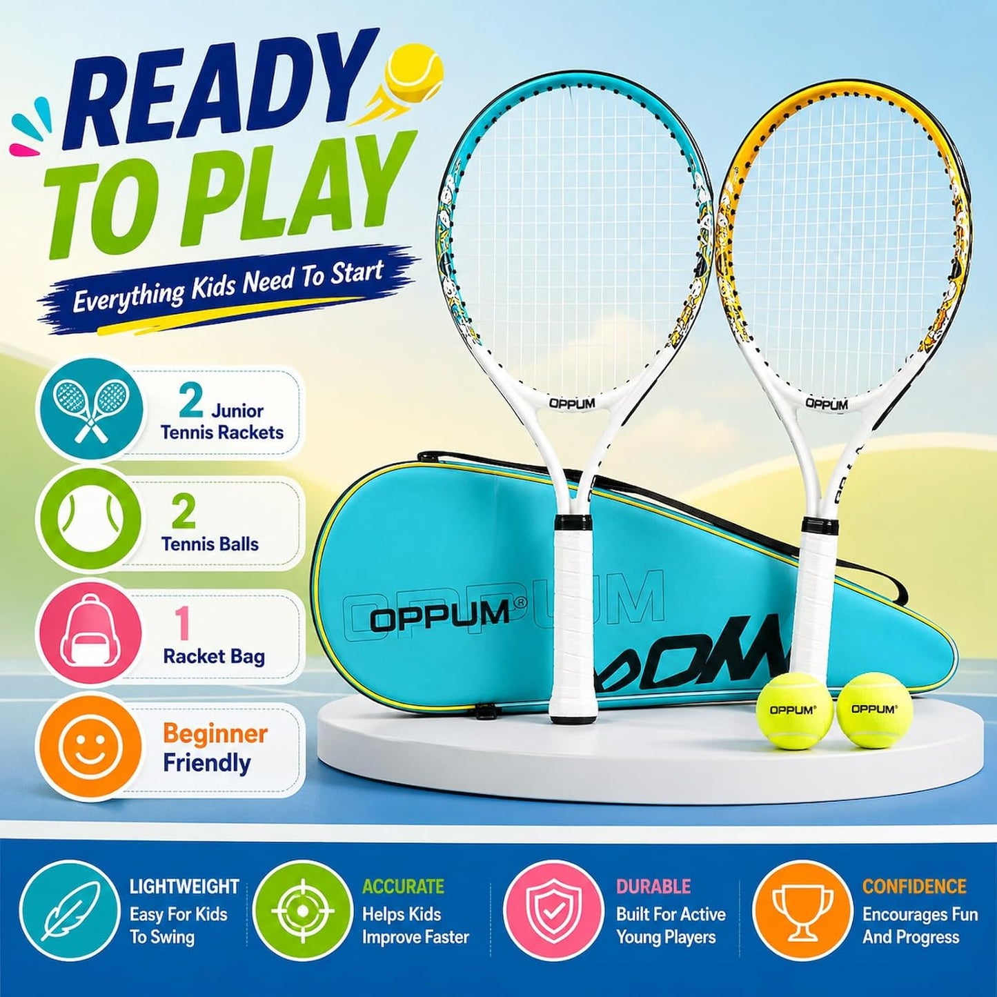 2-Pack Kids Tennis Racket Set, Junior Racquets with Bag and Balls | Aluminum alloy set with 2 pre-strung racquets, 2 balls and shoulder bag