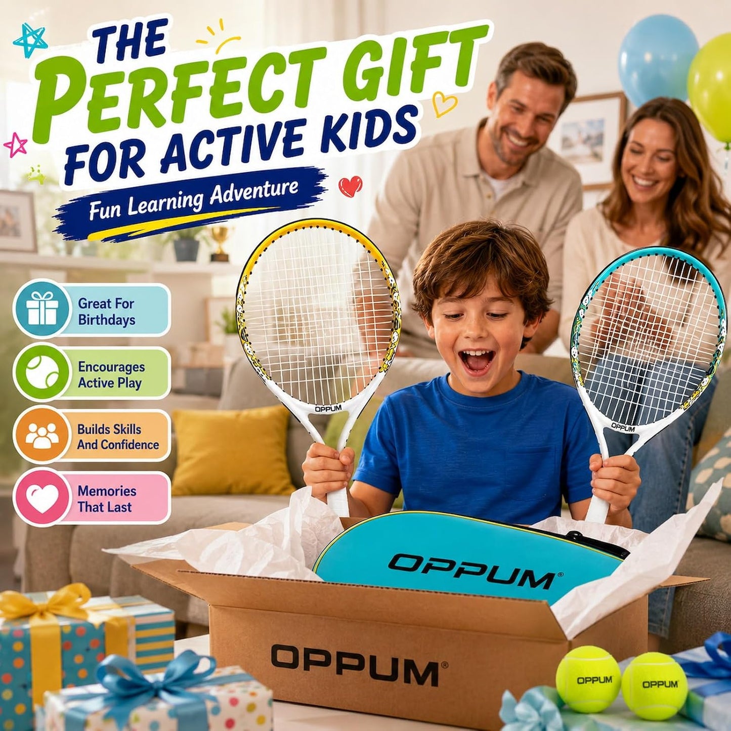 2-Pack Kids Tennis Racket Set, Junior Racquets with Bag and Balls | Aluminum alloy set with 2 pre-strung racquets, 2 balls and shoulder bag