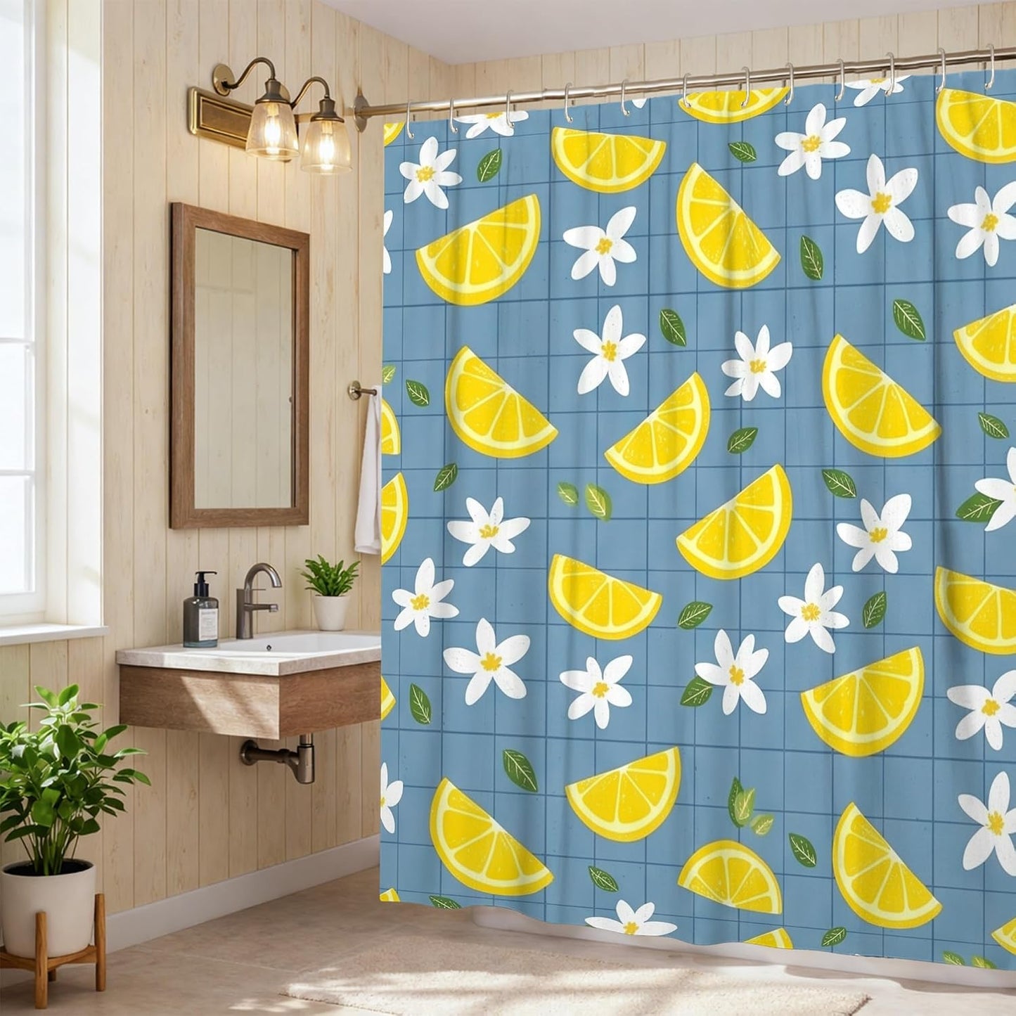 Lemon Shower Curtain, Summer Tropical Flower Leaf Summer Yellow Polyester Waterproof Bathtub Cloth Curtains Decor for Bathroom Guest Room 72x72 Inch
