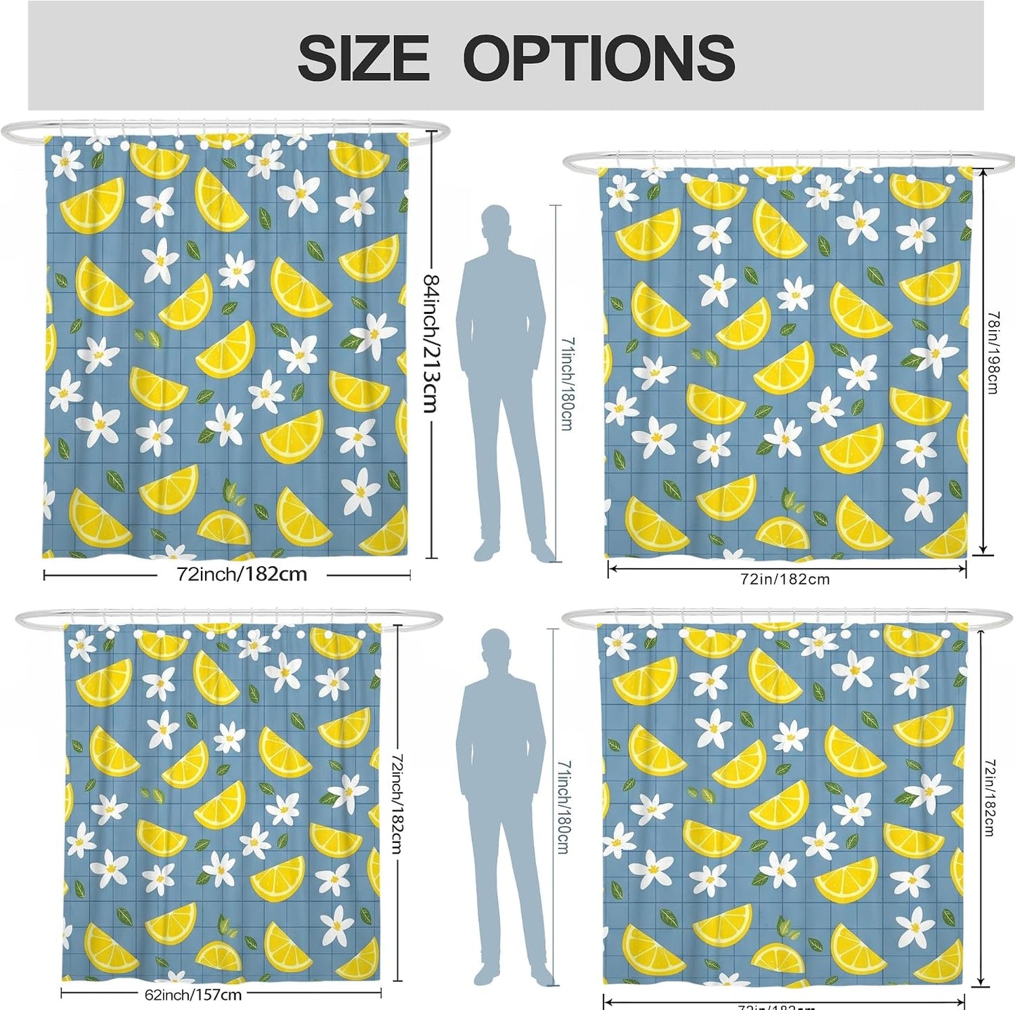 Lemon Shower Curtain, Summer Tropical Flower Leaf Summer Yellow Polyester Waterproof Bathtub Cloth Curtains Decor for Bathroom Guest Room 72x72 Inch