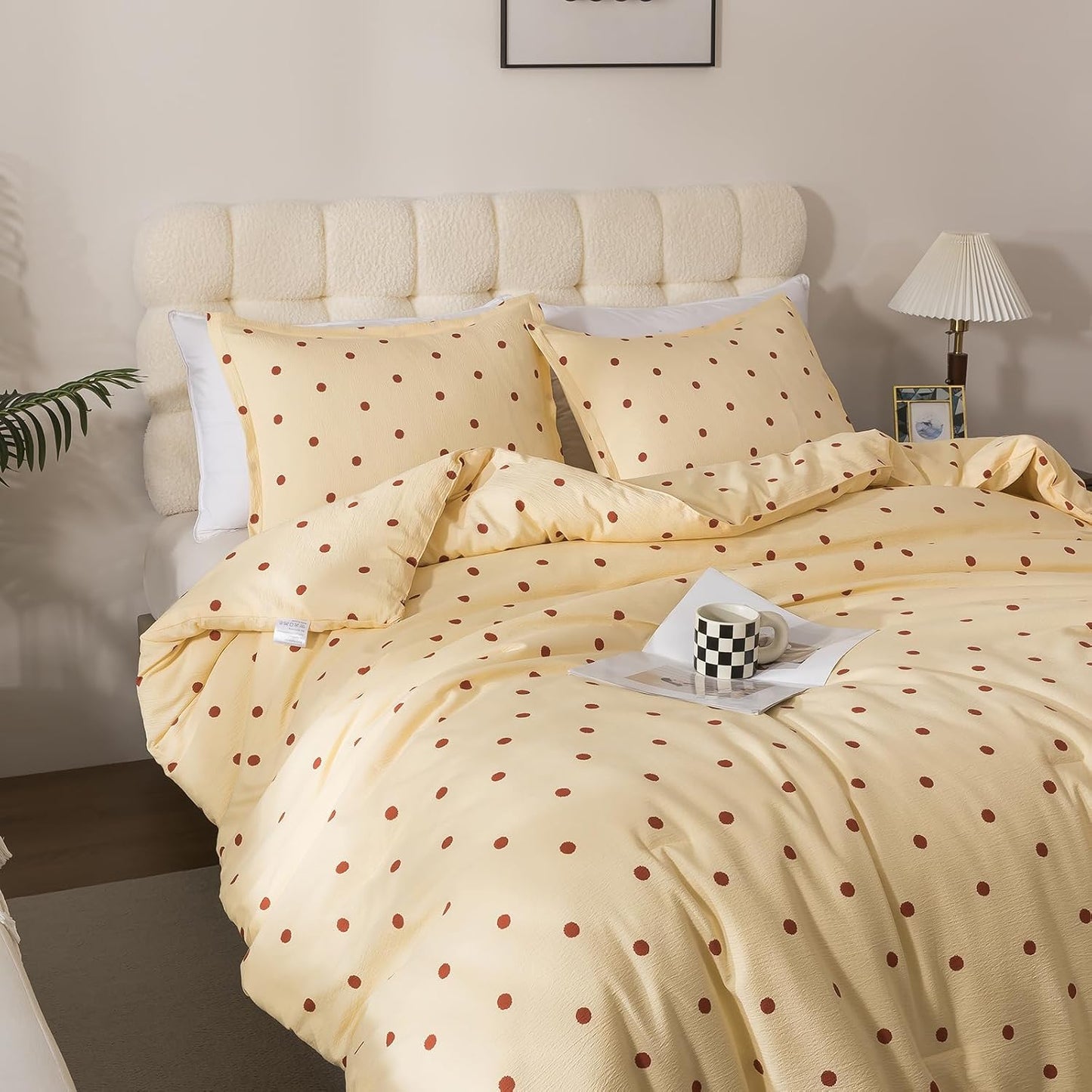 Yellow Queen Comforter Set with Polka Dots 3 Pieces Bedding Set | Soft Seersucker Baby Yellow Comforter Bedding Set Kawaii Circles Print Butter Comforter with Pillowshams
