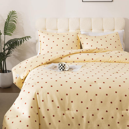 Yellow Queen Comforter Set with Polka Dots 3 Pieces Bedding Set | Soft Seersucker Baby Yellow Comforter Bedding Set Kawaii Circles Print Butter Comforter with Pillowshams