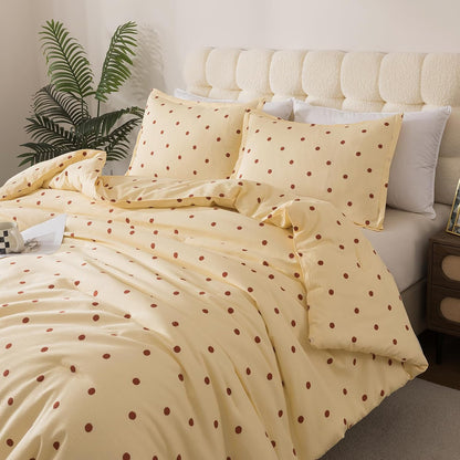 Yellow Queen Comforter Set with Polka Dots 3 Pieces Bedding Set | Soft Seersucker Baby Yellow Comforter Bedding Set Kawaii Circles Print Butter Comforter with Pillowshams