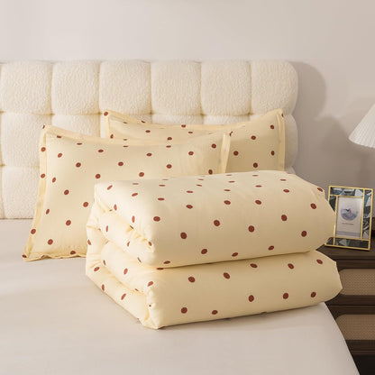 Yellow Queen Comforter Set with Polka Dots 3 Pieces Bedding Set | Soft Seersucker Baby Yellow Comforter Bedding Set Kawaii Circles Print Butter Comforter with Pillowshams