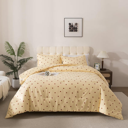 Yellow Queen Comforter Set with Polka Dots 3 Pieces Bedding Set | Soft Seersucker Baby Yellow Comforter Bedding Set Kawaii Circles Print Butter Comforter with Pillowshams