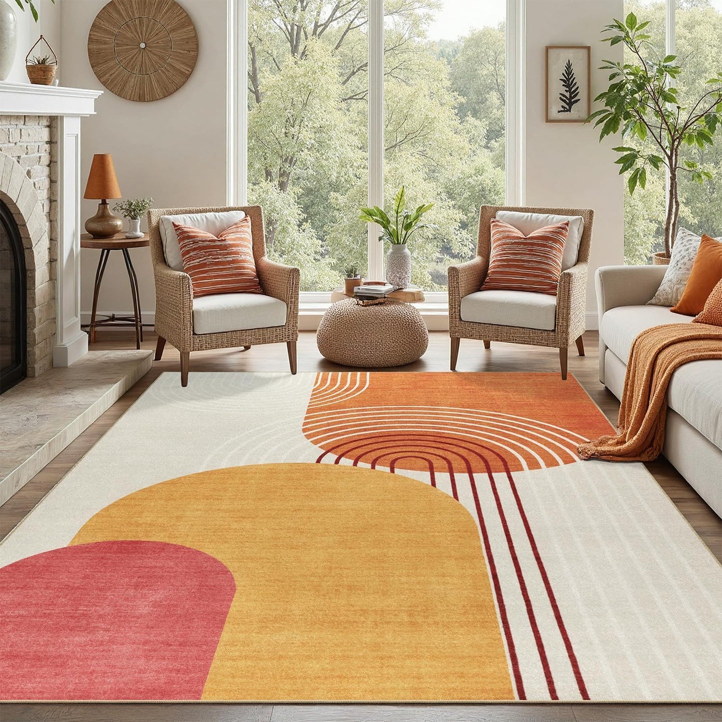 DCX Abstract Machine Washable 4x6 Rug, Mid Century Modern Rug for Living Room, Soft Low Pile Non Slip Carpet, Kid & Pet Friendly Stain Resistant Rug for Bedroom Dining Room Office, Orange & Yellow