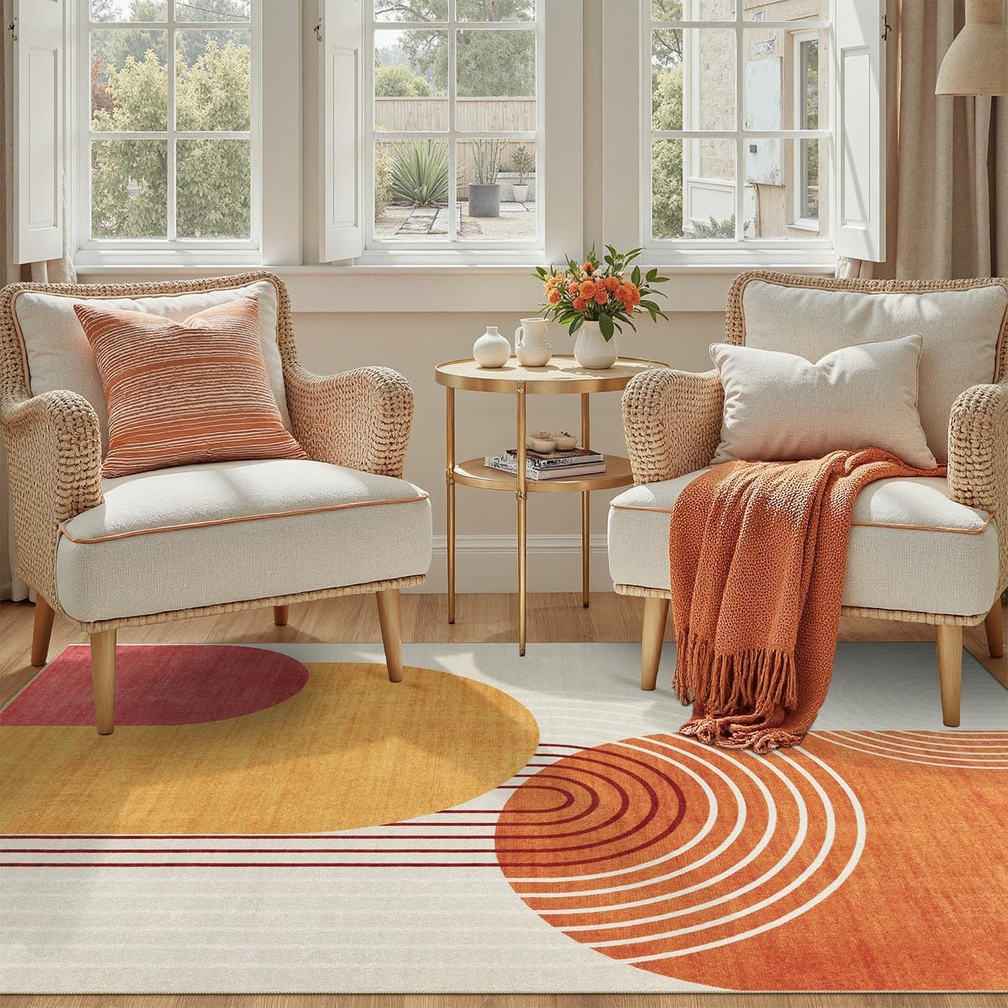 DCX Abstract Machine Washable 4x6 Rug, Mid Century Modern Rug for Living Room, Soft Low Pile Non Slip Carpet, Kid & Pet Friendly Stain Resistant Rug for Bedroom Dining Room Office, Orange & Yellow