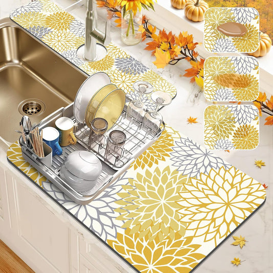2PCS 12" x 20" Fall Dish Drying Mat & 24" x 5.5" Sink Splash Guard, Super Absorbent & Cuttable Dish Mat Drying Kitchen Mat with Yellow Floral, Hide Stain Drying Mat for Kitchen Counter
