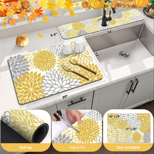 2PCS 12" x 20" Fall Dish Drying Mat & 24" x 5.5" Sink Splash Guard, Super Absorbent & Cuttable Dish Mat Drying Kitchen Mat with Yellow Floral, Hide Stain Drying Mat for Kitchen Counter