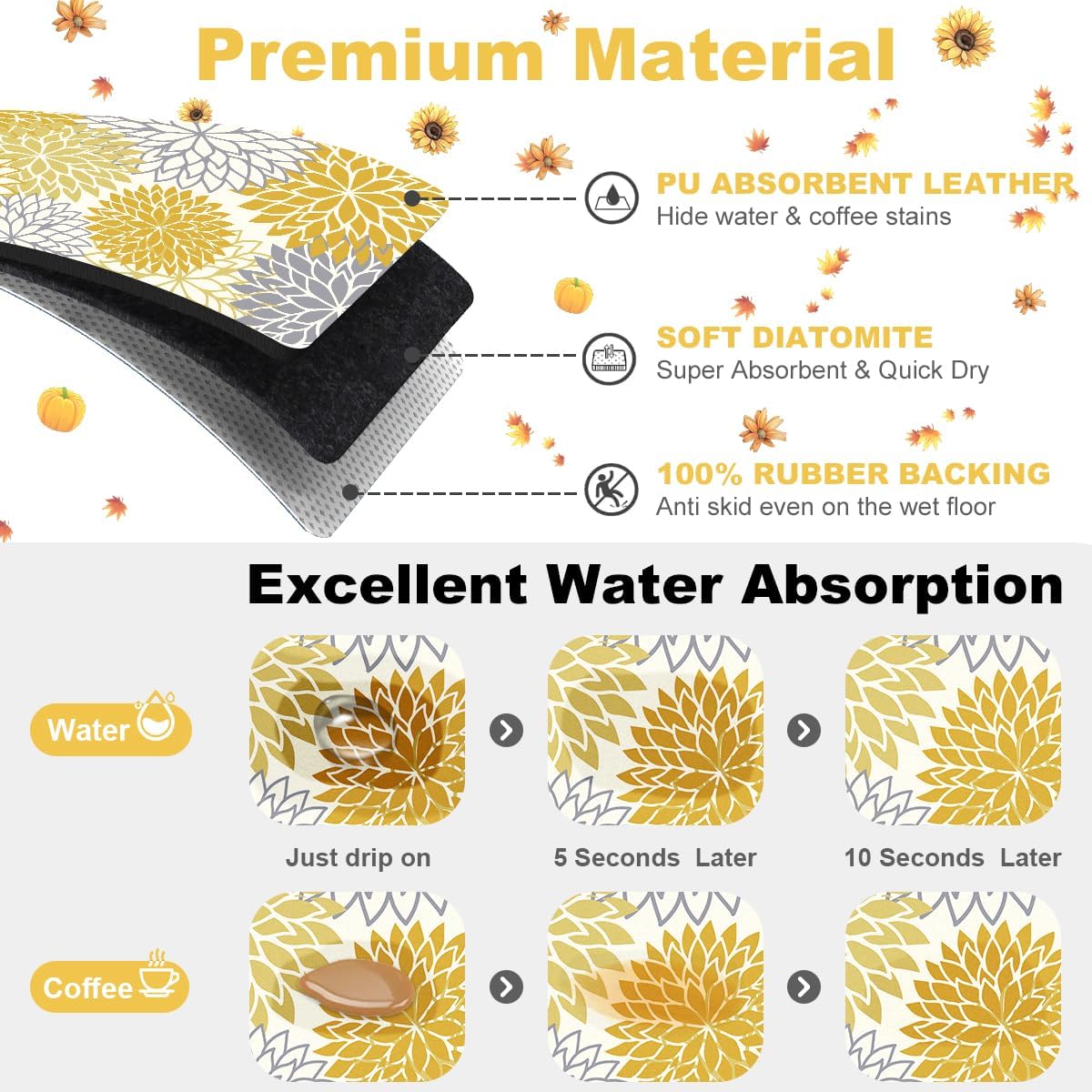 2PCS 12" x 20" Fall Dish Drying Mat & 24" x 5.5" Sink Splash Guard, Super Absorbent & Cuttable Dish Mat Drying Kitchen Mat with Yellow Floral, Hide Stain Drying Mat for Kitchen Counter