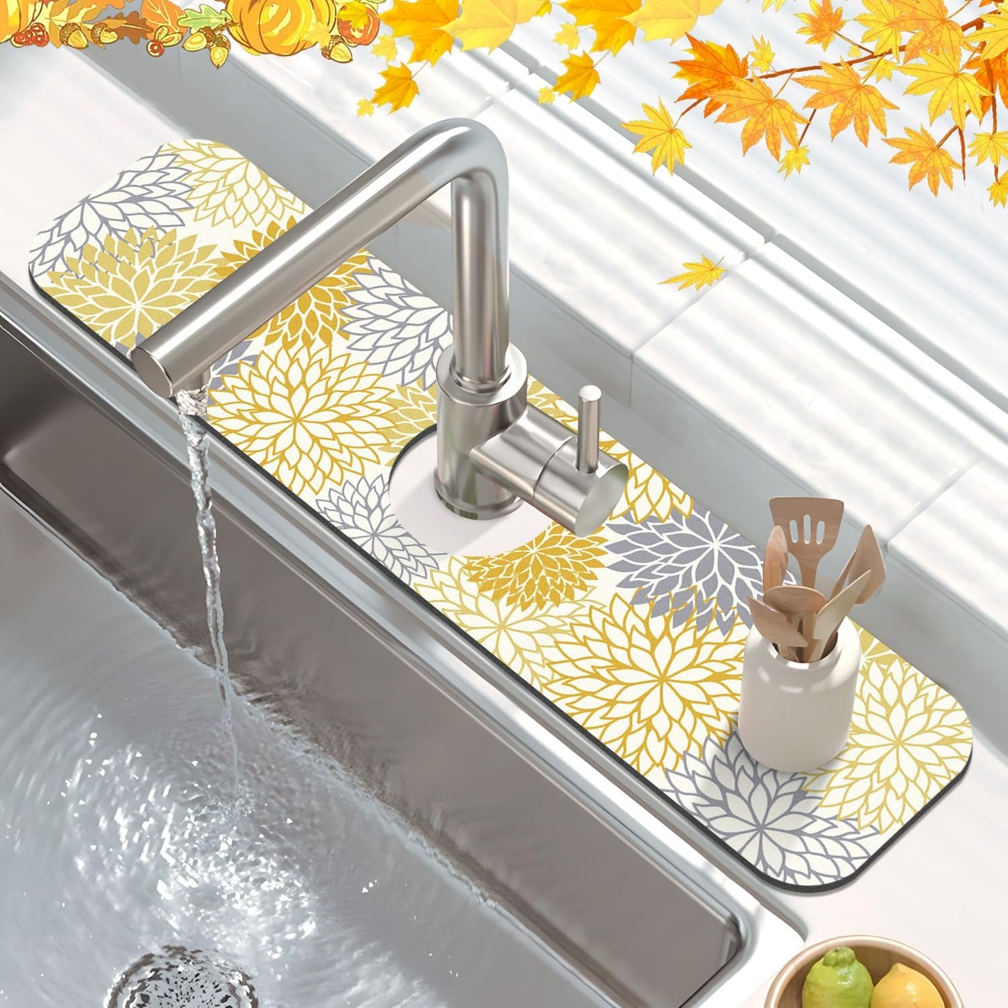 2PCS 12" x 20" Fall Dish Drying Mat & 24" x 5.5" Sink Splash Guard, Super Absorbent & Cuttable Dish Mat Drying Kitchen Mat with Yellow Floral, Hide Stain Drying Mat for Kitchen Counter