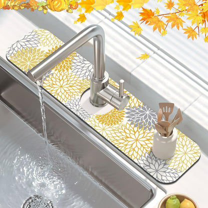 2PCS 12" x 20" Fall Dish Drying Mat & 24" x 5.5" Sink Splash Guard, Super Absorbent & Cuttable Dish Mat Drying Kitchen Mat with Yellow Floral, Hide Stain Drying Mat for Kitchen Counter