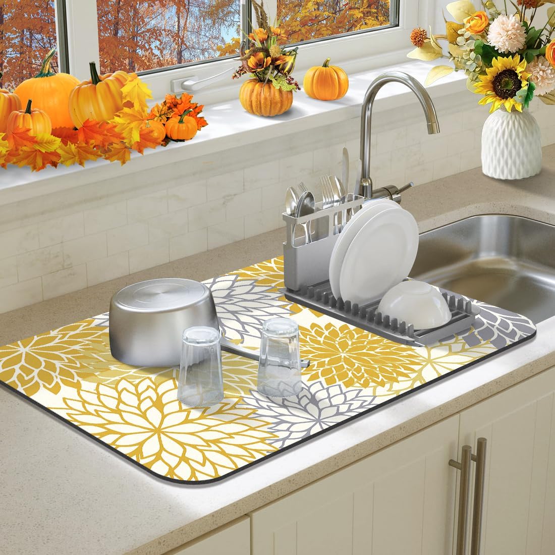 2PCS 12" x 20" Fall Dish Drying Mat & 24" x 5.5" Sink Splash Guard, Super Absorbent & Cuttable Dish Mat Drying Kitchen Mat with Yellow Floral, Hide Stain Drying Mat for Kitchen Counter