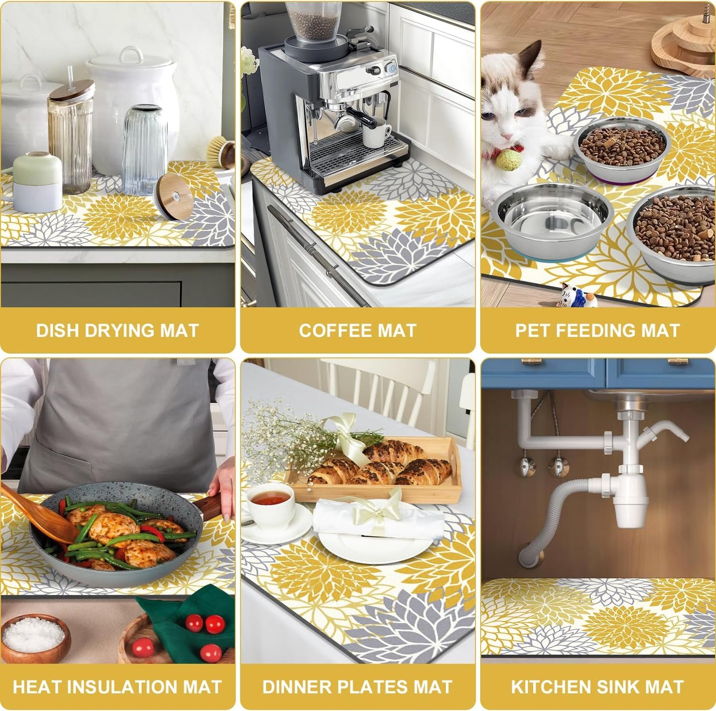 2PCS 12" x 20" Fall Dish Drying Mat & 24" x 5.5" Sink Splash Guard, Super Absorbent & Cuttable Dish Mat Drying Kitchen Mat with Yellow Floral, Hide Stain Drying Mat for Kitchen Counter