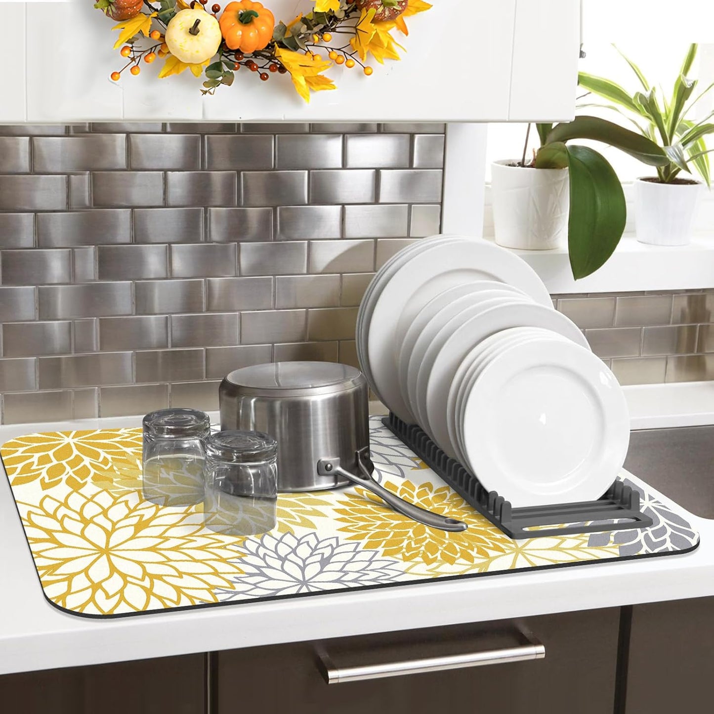 2PCS 12" x 20" Fall Dish Drying Mat & 24" x 5.5" Sink Splash Guard, Super Absorbent & Cuttable Dish Mat Drying Kitchen Mat with Yellow Floral, Hide Stain Drying Mat for Kitchen Counter